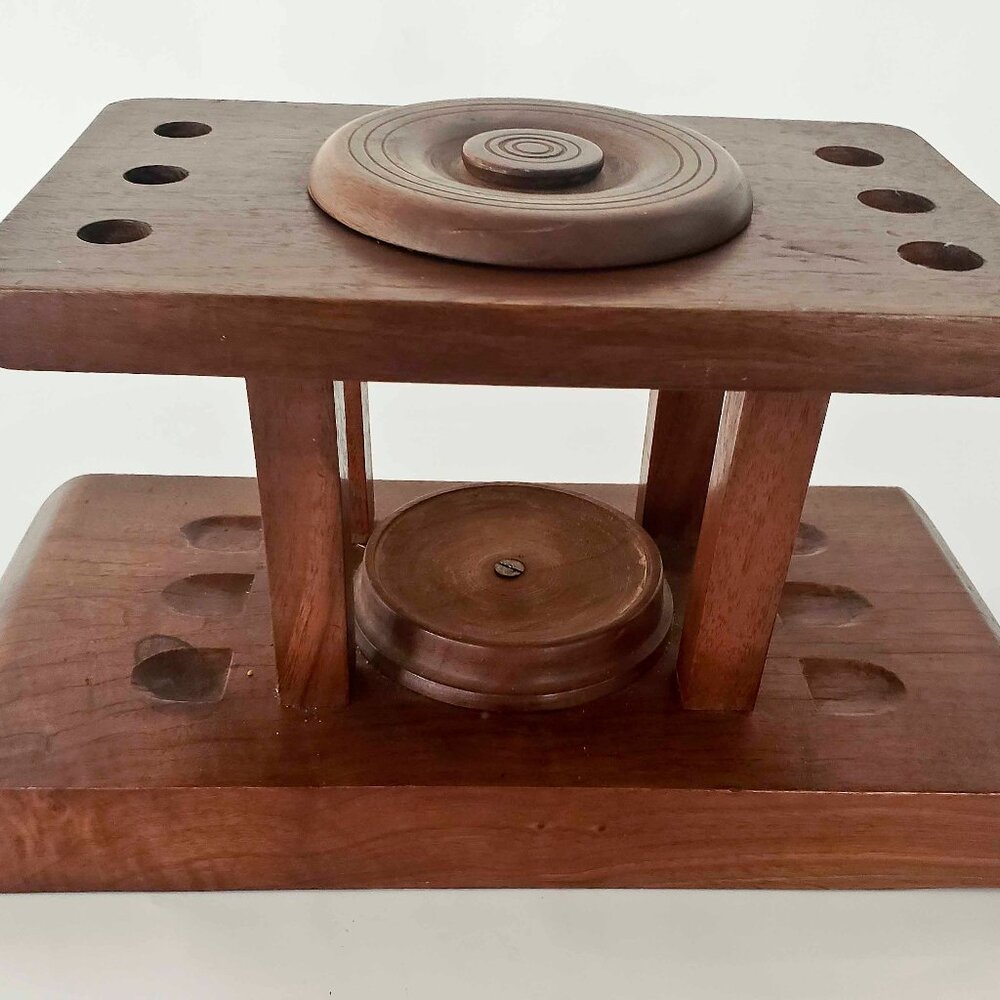 Large Solid Walnut 6 Pipe Tobacco Stand (Needs Jar)